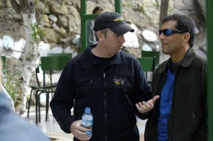 Cyrus Nowrasteh (rt. in sunglasses) on set with Director David Cunningham on location in Morocco